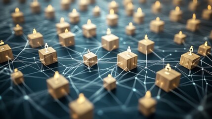 Poster - Birdseye view of many wooden cubes with people icons, depicting a collaborative business network over the internet, with digital lines forming connections