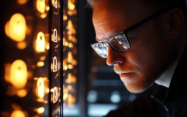 Leinwandbilder - Concept image of a system engineer carefully inspecting padlock icons on a digital screen, representing secure internet networks and information security in business