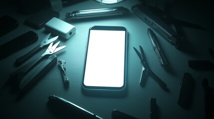 Fototapete - Glowing smartphone surrounded by tools in dark lighting, symbolizing cybersecurity, digital vulnerability, and technological repair concepts, Generative AI