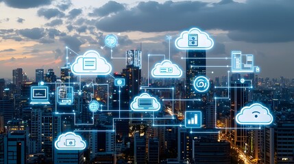 Aufkleber - 3D visualization of cloud computing and intelligence with satellite technology concept showcasing the digital transformation and innovation in global connectivity data processing