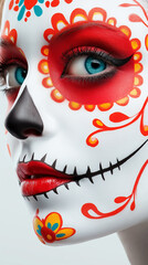 Close up depicting model wearing intricate day of the dead makeup, highlighting colorful skull design and cultural symbolism of traditional mexican celebration