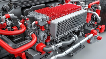 Aufkleber - A close up detailed view of the internal cooling system of a truck showcasing the radiator coolant hoses
