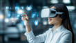 © Tetyana - Professional female executive exploring virtual reality landscape, interacting with holographic interfaces and immersing in cutting edge digital workspaces