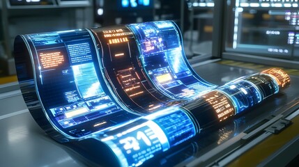 Poster - A photographic image showcasing the testing and evaluation of flexible OLED screen technology in a high tech research and development laboratory environment  The image depicts the of flexible