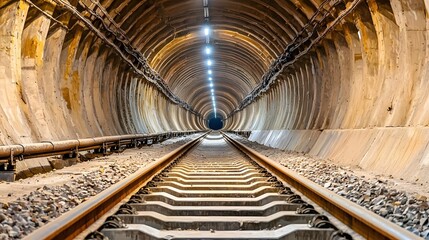 Poster - A stunning symmetrical view showcasing the interior of a deep cylindrical metro tunnel  The architectural design features intricate engineering with a seamless blend of concrete steel