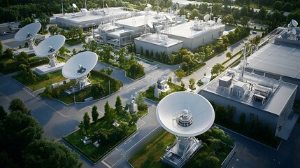 Poster - Aerial photography of a futuristic communication center with rows of aligned satellite dishes and technological infrastructure against a modern urban landscape