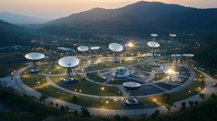 Poster - Aerial view of a vast satellite dish communication center nestled among scenic mountainous terrain with the satellite dishes and associated infrastructure illuminated against the dusk skyline
