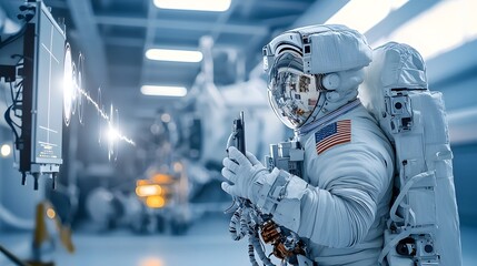 Poster - Astronaut in spacesuit monitoring and controlling satellite communication signals and data transmission from the vastness of outer space showcasing advanced aerospace technology and
