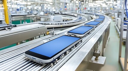 Aufkleber - Automated conveyor belt transporting freshly manufactured smartphone screens in a modern high tech factory setting  The efficient