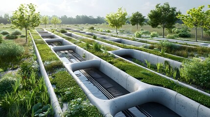 Poster - blueprint diagram showcasing the intricate water drainage system design for a sustainable green roof  The layout features a grid like pattern of water channels ponds and vegetation