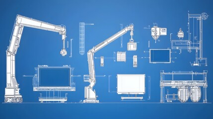 Poster - blueprint style depicting the intricate manufacturing process of display panels showcasing a range of advanced industrial equipment automation systems and technical schematics