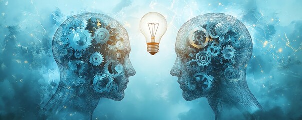 Canvas Print - Two light blue human heads, gears inside, connected by wires, with an idea bulb above, showing creative minds connected, innovative conceptual illustration, mind connection theme