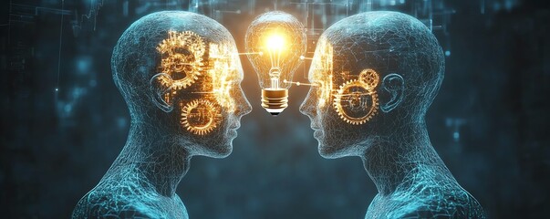 Canvas Print - Two light blue human heads, gears inside, connected by wires, with an idea bulb above, showing creative minds connected, innovative conceptual illustration, mind connection theme