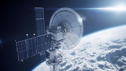 Poster - Close up of a high tech satellite dish communicating with a space satellite in the vast and mysterious cosmos representing advancements in space technology communication networks and scientific