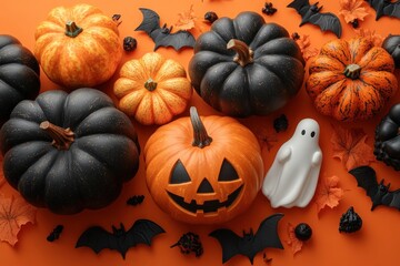 Halloween Party Decorations with Pumpkins Bats Ghosts on Orange Background Flat Lay