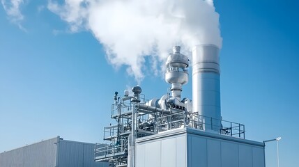 Aufkleber - Close up photography of a large industrial cooling tower releasing steam and vapor into the blue sky  The tower is part of a power plant or manufacturing facility