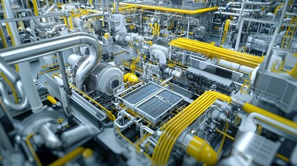 Poster - Close up view of a complex sophisticated radiator cooling system used in aircraft engines  This industrial engineering technology features an intricate network of metal pipes tubes