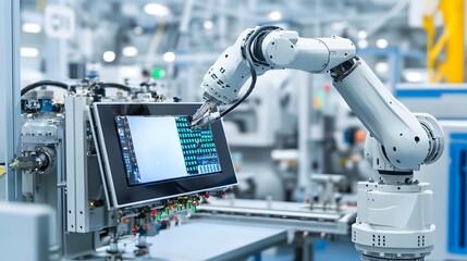 Leinwandbilder - Close up View of a Sophisticated Robotic Arm Efficiently Installing a Sleek Display Panel on an Advanced Industrial Technological Device in a Futuristic Manufacturing Setting