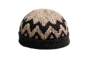 Knitted hat with a black and white design, isolated