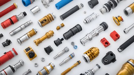 Aufkleber - Collection of diverse fire hose couplings adapters and connectors in various colors and materials arranged on a plain white background