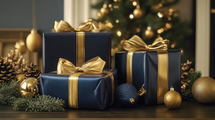 Wall Mural - Elegant holiday gift display with deep blue and gold wrapped presents by a festive christmas tree