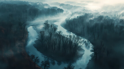 Wall Mural - Aerial view of misty forest landscape with winding river and dead trees, showcasing nature beauty and desolation. scene evokes sense of tranquility and mystery. Misty River of the Dead. Illustration