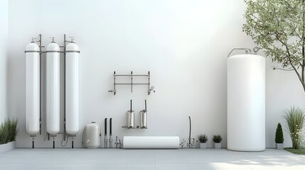 Poster - depicting a comprehensive residential water supply system featuring equipment and storage tanks for efficient water management and distribution within a home or building