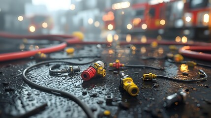 Fototapete - Detailed Animated Infographic Illustrating the Mechanism and Function of Fire Hose Connectors Used in Industrial Equipment and Emergency Firefighting Apparatus