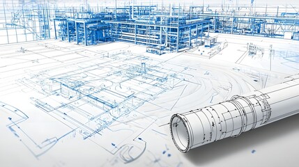 Aufkleber - Detailed blueprint and engineering diagram showcasing the complex network of water and steam pipelines within an industrial factory or manufacturing facility