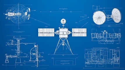 Poster - Detailed blueprint style technical drawing of a modern communication satellite with various components and mechanisms