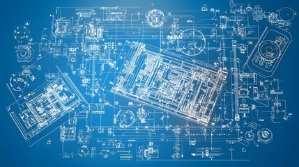 Poster - Detailed blueprint style technical showcasing the intricate manufacturing process of an industrial display panel highlighting the various components machinery