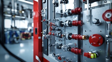 Aufkleber - Detailed close up photo of the intricate hose connection panel on the side of a fire truck featuring an array of inlet and outlet valves controls