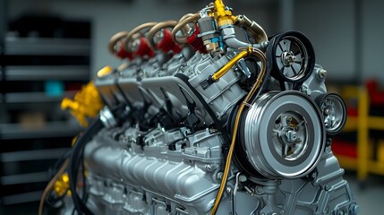 Aufkleber - Detailed Close up Photograph of a High Performance Automotive Engine Showcasing its Intricate Mechanical Components and Powerful Lighting Design