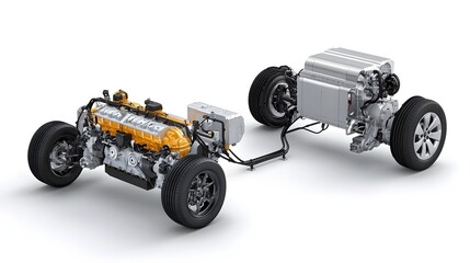 Aufkleber - Detailed cutaway exploded view illustrating the comparison between traditional gasoline powered engine and modern electric motor automotive technologies highlighting the design components