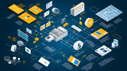 Fototapete - Detailed Infographic Style Depicting the Intricate Workings and Components of Communication Satellite Technology and Global Digital Network Infrastructure