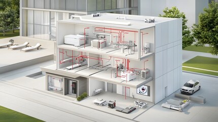 Fototapete - Detailed isometric cutaway view showcasing the intricate plumbing heating ventilation and air conditioning systems of a modern commercial or residential building