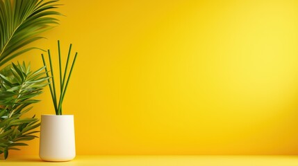 Sticker - Vibrant Plant in White Pot Against Bright Yellow Background