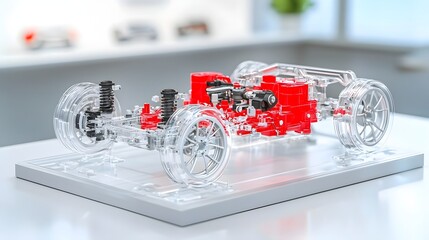 Poster - Detailed transparent model of a car chassis showcasing the inner drivetrain components in a photographic style