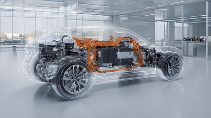 Aufkleber - Detailed transparent overlay showcasing the complete propulsion system of a modern hybrid electric vehicle revealing its intricate components and engineering design