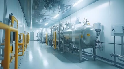 Fototapete - Detailed view of a cryogenic unit extracting oxygen from the air in an industrial manufacturing or laboratory facility  The equipment includes various tanks pipes valves