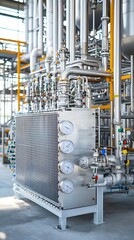 Aufkleber - Detailed view of the complex network of heat exchanger equipment pipes valves and instrumentation within an industrial chemical processing plant