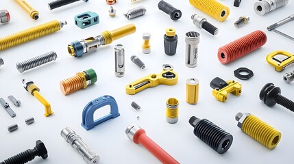 Aufkleber - Diverse assortment of fire hose couplings connectors and fittings arranged on a clean white background  This image showcases the technical components used in firefighting water supply