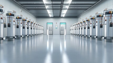 Poster - Futuristic and Organized Oxygen Storage Facility with Multiple Cylinders Lined Up for Industrial Distribution and Logistics