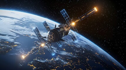 Poster - Futuristic communication satellite in orbit around the Earth with glowing data connections and networks illuminating the planet s atmosphere