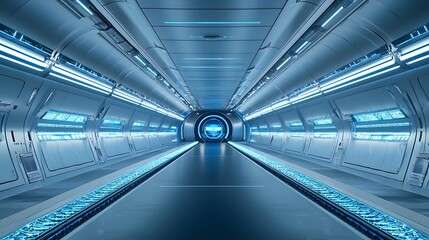 Poster - Futuristic maglev train tunnel with glowing blue technology inspired lighting  A sleek high tech interior corridor with smooth lines geometric patterns and a sense of speed and innovation