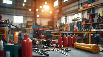 Leinwandbilder - Gas based Fire Suppression System Components Being Assembled and Prepared for Installation in an Industrial Workshop