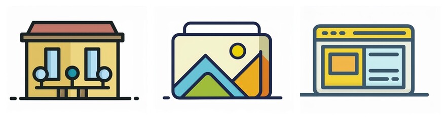 Fototapete - Three icons depict a house with trees, a landscape picture, and a website layout on a screen. Simple, colorful, and illustrative design elements.