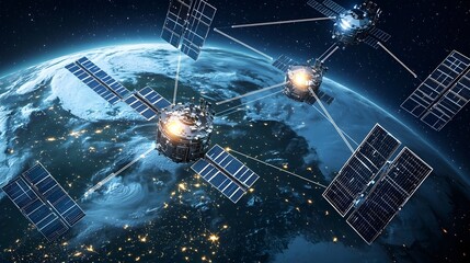 Fototapete - Glowing blue and green Earth surrounded by orbiting satellites forming a global network of connectivity and communication across the vast cosmos