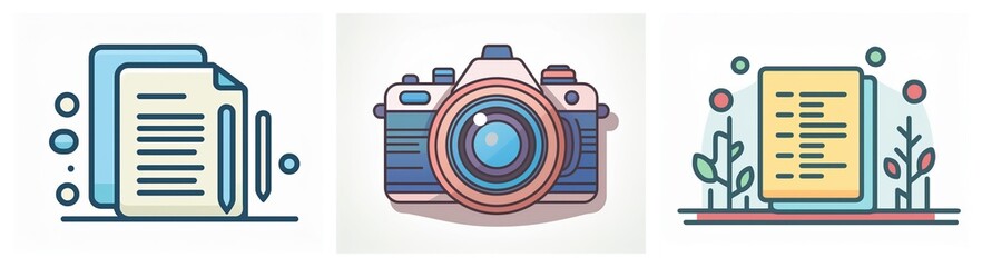 Fototapete - Three outlined icons in pastel colors. First, documents with a pencil. Second, a camera. Third, code on a document with plants on the side.