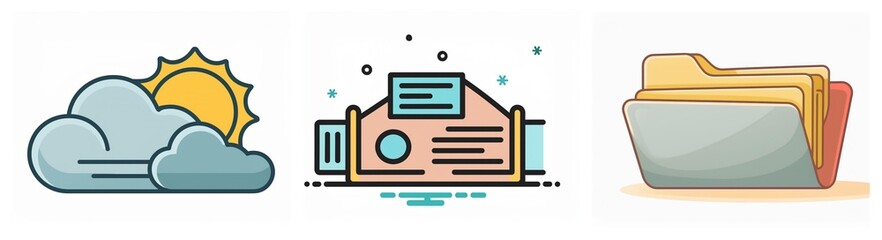 Fototapete - Three vector icons depict weather with sun and clouds, a server with data flow, and a file folder for document organization in a flat design style.